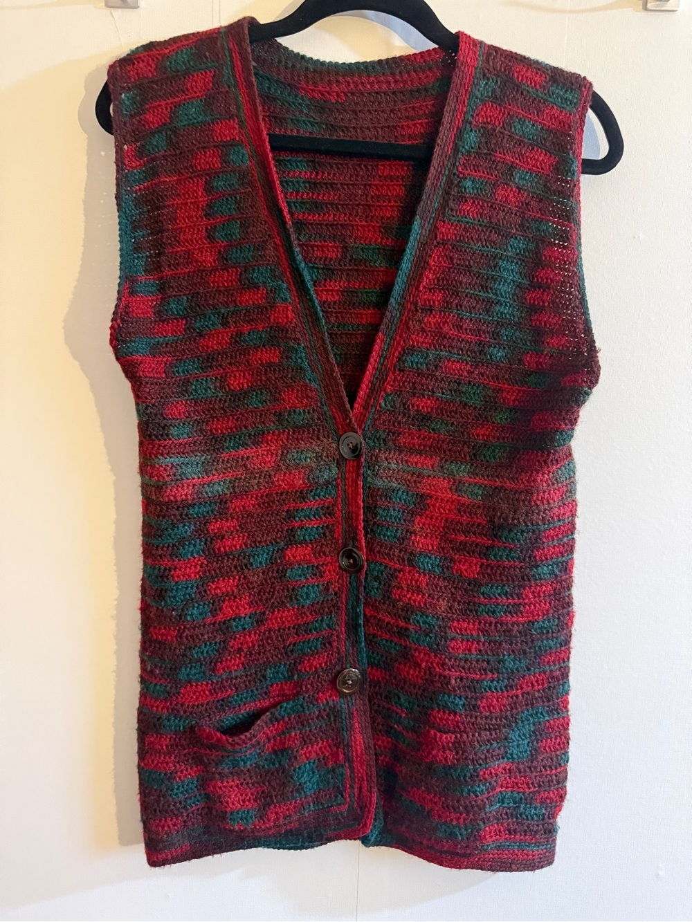 Hand Knit Vintage Style Sweater Vest Small Red Green Brown Button Cottagecore